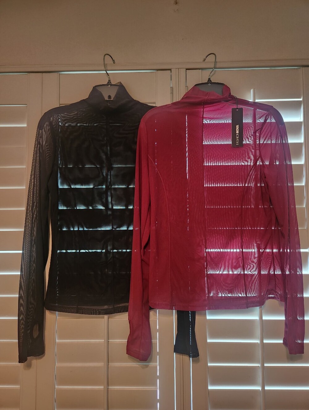 Brand New Fashion Nova Black And Wine Sheer Power Mesh Long-Sleeve Tops
